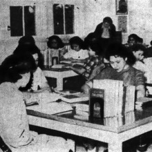 black and white image of weston's grandmother in school